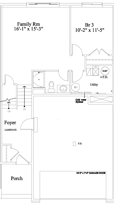 A drawing of a house floor plan with a garage and a porch.
